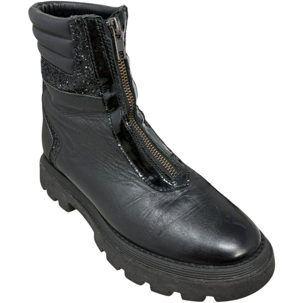 MANUELA Black Leather Front Zip Big Girl Ankle Booties